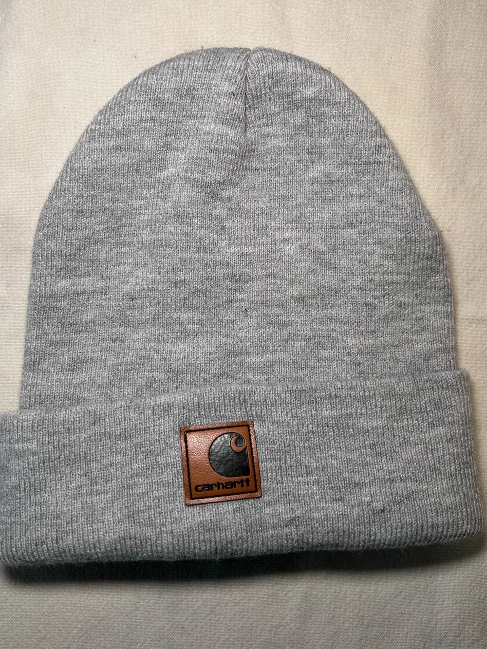 Carhartt Gray Knit Cuffed Beanie with Leather Logo Patch